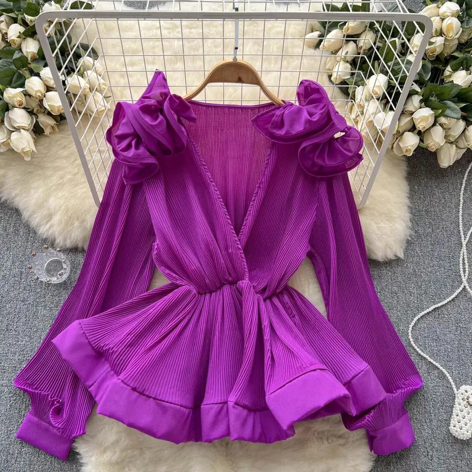 Luxury Spring Flower Ruffles V-Neck Long Sleeve Blouse Top