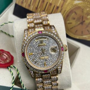 Iced-Out Rolex Day-Date President – 18K Gold, Diamond Pavé Dial & Ruby Bezel