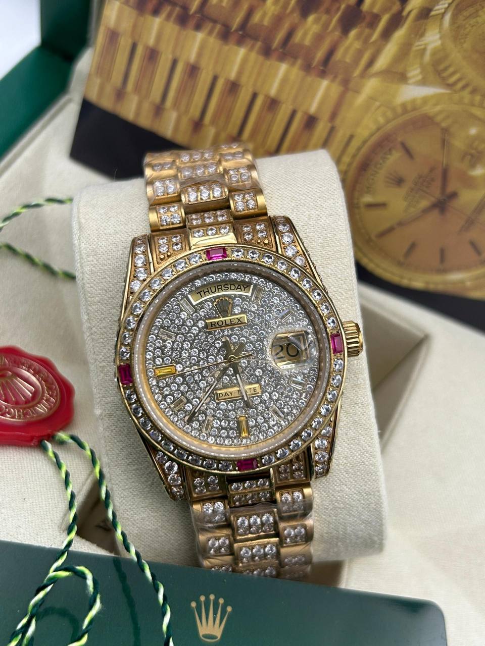 Iced-Out Rolex Day-Date President – 18K Gold, Diamond Pavé Dial & Ruby Bezel