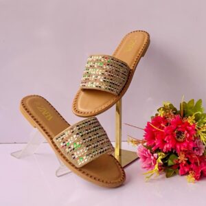 ZARA Women’s Beaded Jewel-Encrusted Slides – Luxury Mosaic Flat Sandals in Tan & Noir