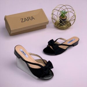 ZARA Women’s Plissé Bow Metallic Low-Heel Mules – Elegant Square-Toe Party Slides in Ruby Red, Fuchsia, & Obsidian Black