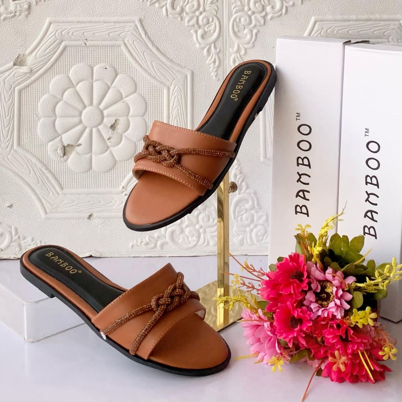 Bamboo™ Women’s Shimmer Knot Flat Slides – Luxury Rhinestone Rope Detail Sandals in Nude, Tan, & Obsidian Black