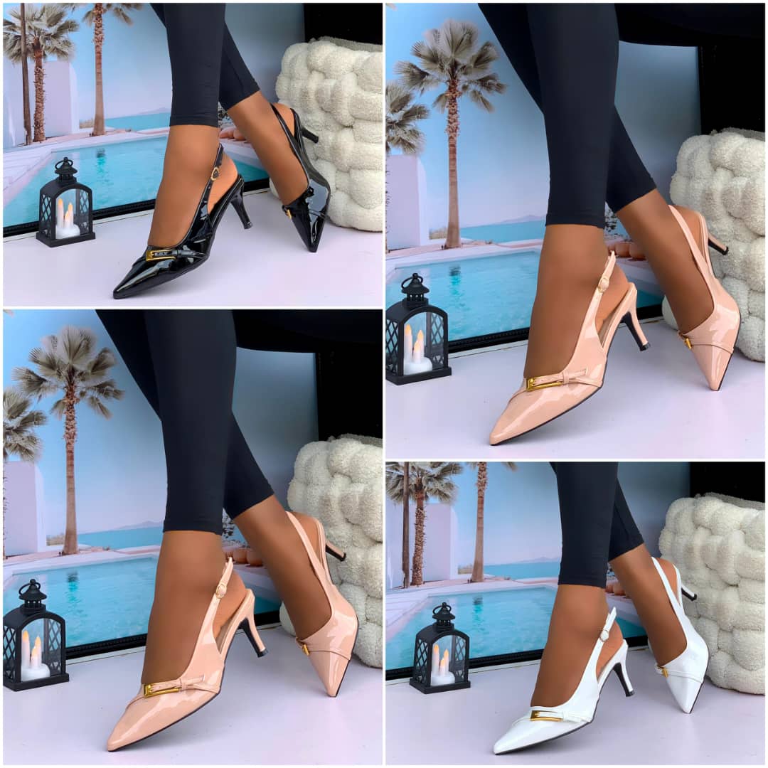 Women’s Patent Slingback Block Heels – Elegant Pointed-Toe Stilettos with Gold "G" Buckle in White, Nude, Black & Burgundy - Image 7