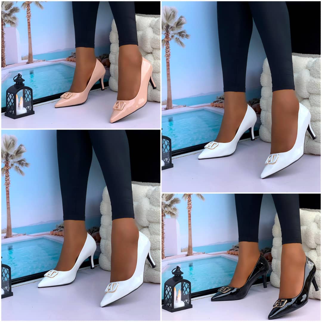 Women’s Patent Pointed-Toe Pumps – Elegant Mid-Heel Stilettos with Gold "AD" Monogram Buckle - Image 5