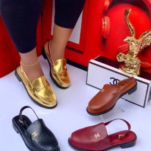 CHANEL® Inspired Women’s Slingback Loafers – Premium Leather Round-Toe Mules with Crystal CC Logo & Adjustable Heel Strap