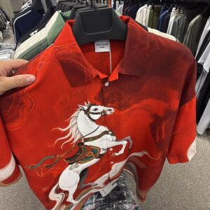 2MORROW Majestic Stallion Revere Shirt – Men’s Luxury Red & Orange Horse Print Beachwear
