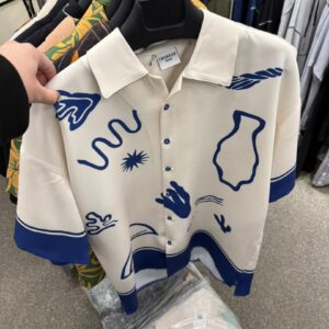 2MORROW Matisse Abstract Line Art Revere Shirt – Cream Men’s Summer Graphic Shirt with Blue Border