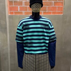 Turquoise & Navy Striped Layered Shirt with Knit Hat