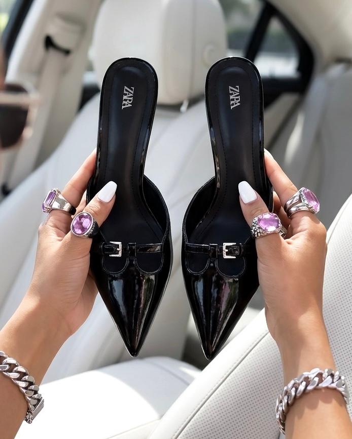 ZARA Patent Leather Buckle Mules – Women’s Pointed-Toe Kitten Heels in Nude, Black, White & Maroon - Image 3