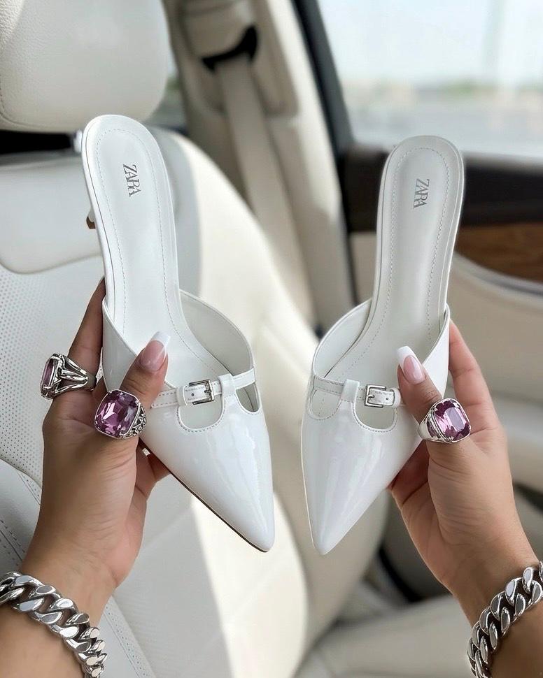 ZARA Patent Leather Buckle Mules – Women’s Pointed-Toe Kitten Heels in Nude, Black, White & Maroon - Image 4