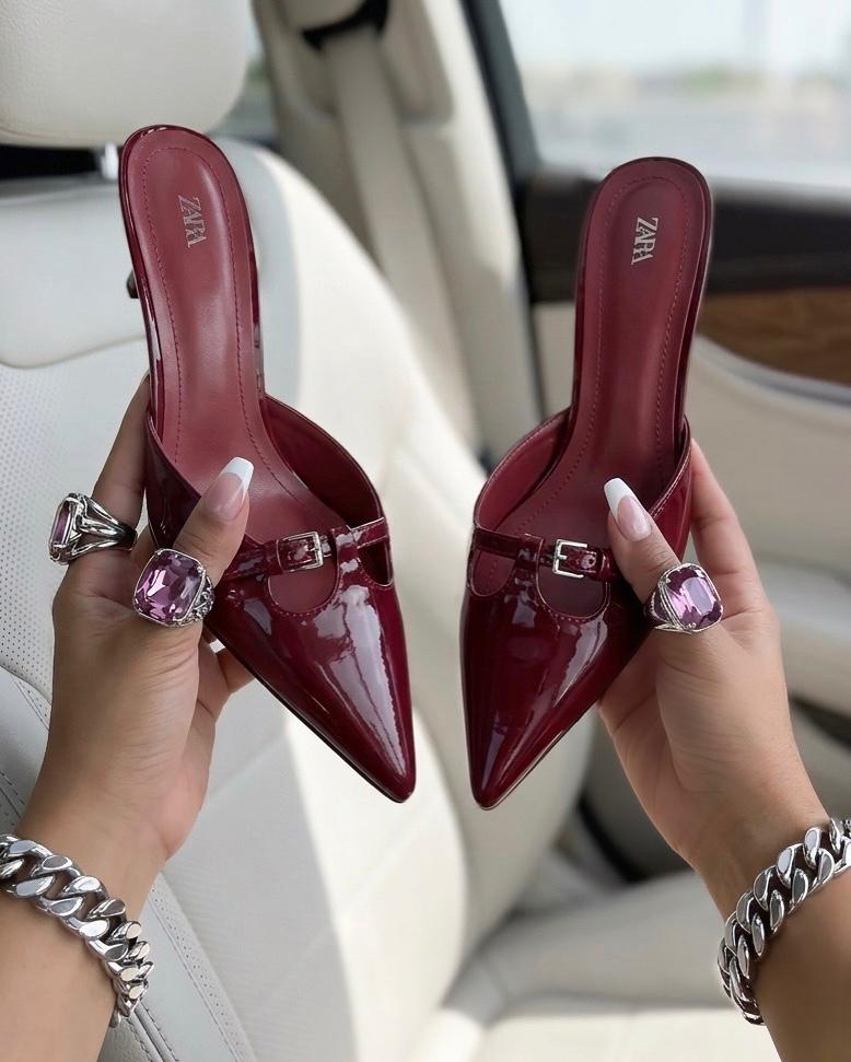 ZARA Patent Leather Buckle Mules – Women’s Pointed-Toe Kitten Heels in Nude, Black, White & Maroon - Image 6