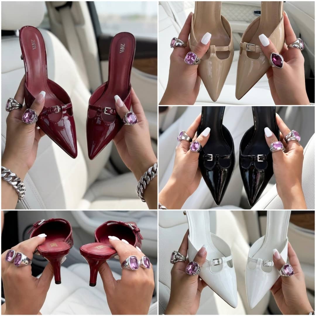 ZARA Patent Leather Buckle Mules – Women’s Pointed-Toe Kitten Heels in Nude, Black, White & Maroon - Image 7