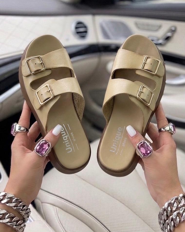 Unique Shoes Women’s Double-Buckle Platform Slides – Comfortable Chunky Sole Sandals in Tan & Black - Image 10