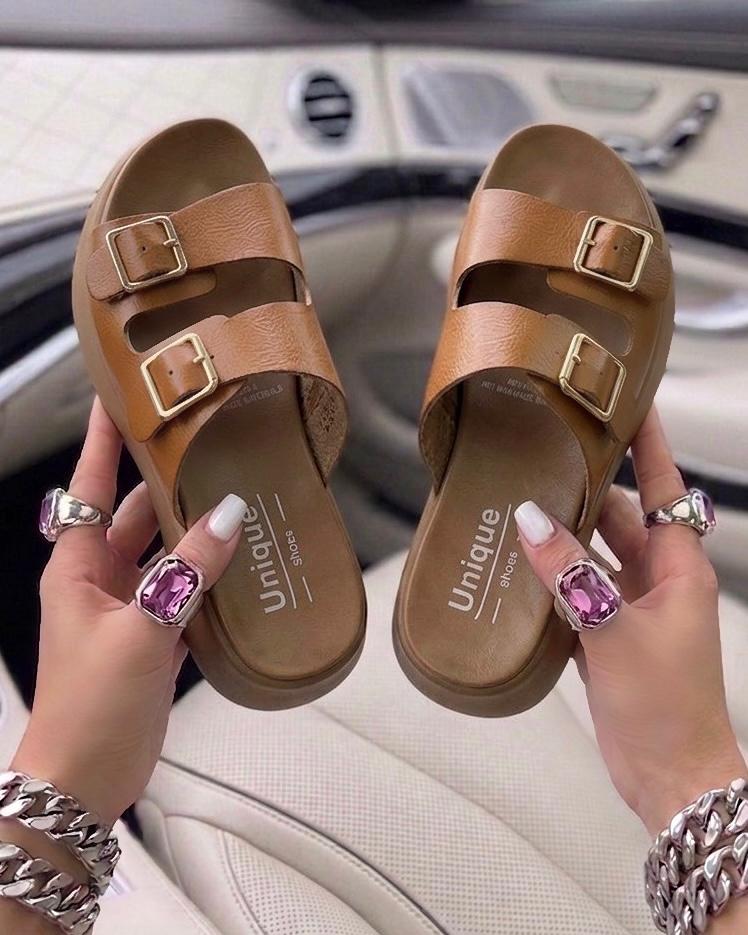 Unique Shoes Women’s Double-Buckle Platform Slides – Comfortable Chunky Sole Sandals in Tan & Black - Image 9