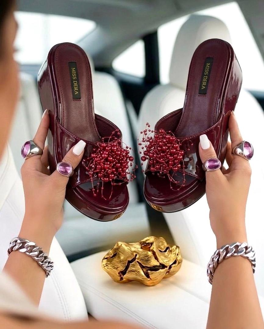 Miss Dera Women’s Pearl-Burst Patent Wedge Slides – 2026 Luxury Embellished Platform Sandals - Image 6