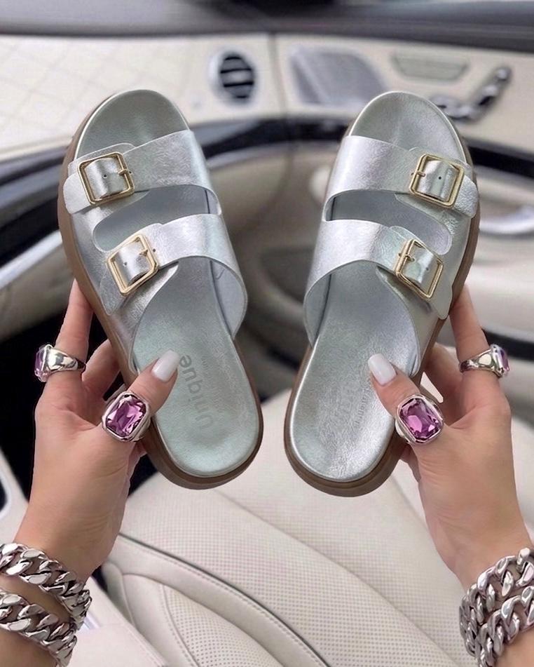 Unique Shoes Women’s Double-Buckle Platform Slides – Comfortable Chunky Sole Sandals in Tan & Black - Image 8