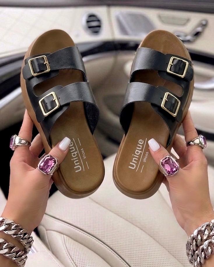Unique Shoes Women’s Double-Buckle Platform Slides – Comfortable Chunky Sole Sandals in Tan & Black - Image 3