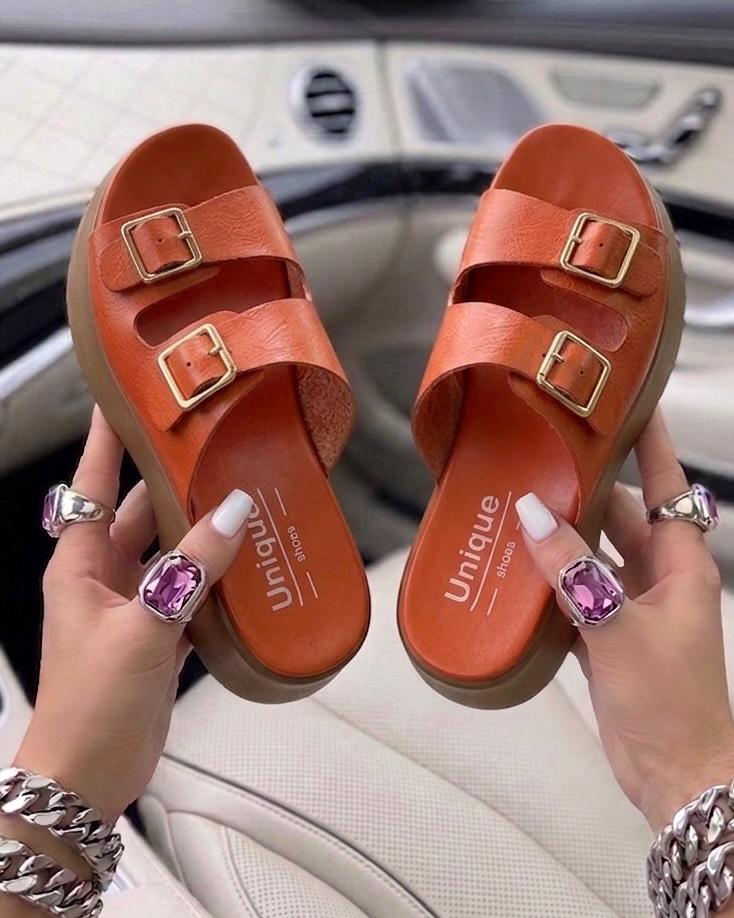 Unique Shoes Women’s Double-Buckle Platform Slides – Comfortable Chunky Sole Sandals in Tan & Black - Image 5