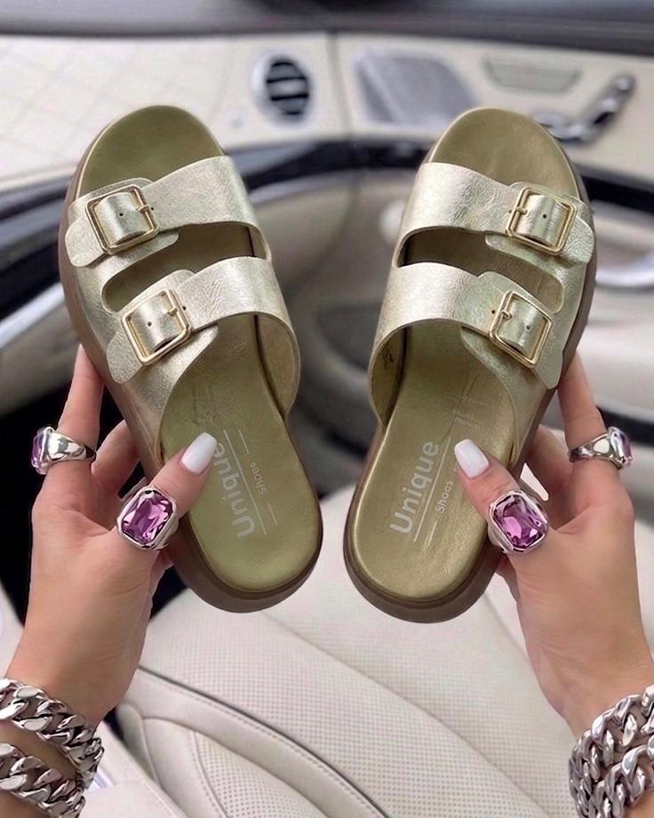 Unique Shoes Women’s Double-Buckle Platform Slides – Comfortable Chunky Sole Sandals in Tan & Black - Image 6