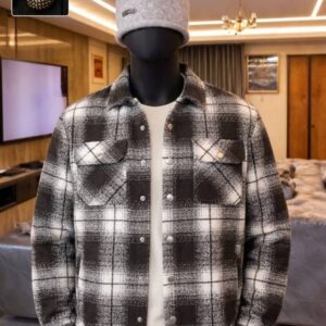 Premium Men’s Plaid Wool-Blend Shacket – Luxury Heavyweight Brushed Flannel Overcoat in Monochrome Check