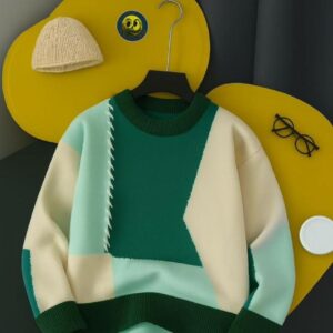 Men’s Premium Abstract Color-Block Sweater – Luxury Geometric Patchwork Crewneck Pullover