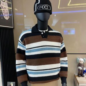 Luxury Men’s Zig-Zag Chevron Knit Polo – Retro Textured Striped Long Sleeve Sweater with Collar