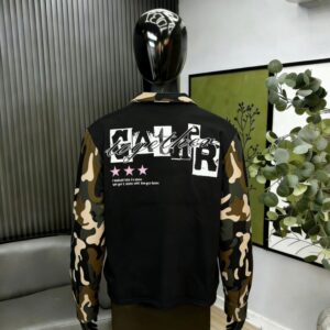 Men’s Urban Camo-Sleeve Polo Pullover – Luxury Graphic Streetwear Long Sleeve Shirt in Black, Crimson & Ash