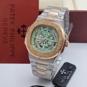 Artisan Fully Engraved Patek Philippe Nautilus – Luxury Gold & Silver Skeleton Exhibition Watch