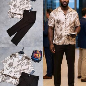 Men’s Designer-Inspired Set – Eye-Catching Print Shirt & Elegant Black Pants