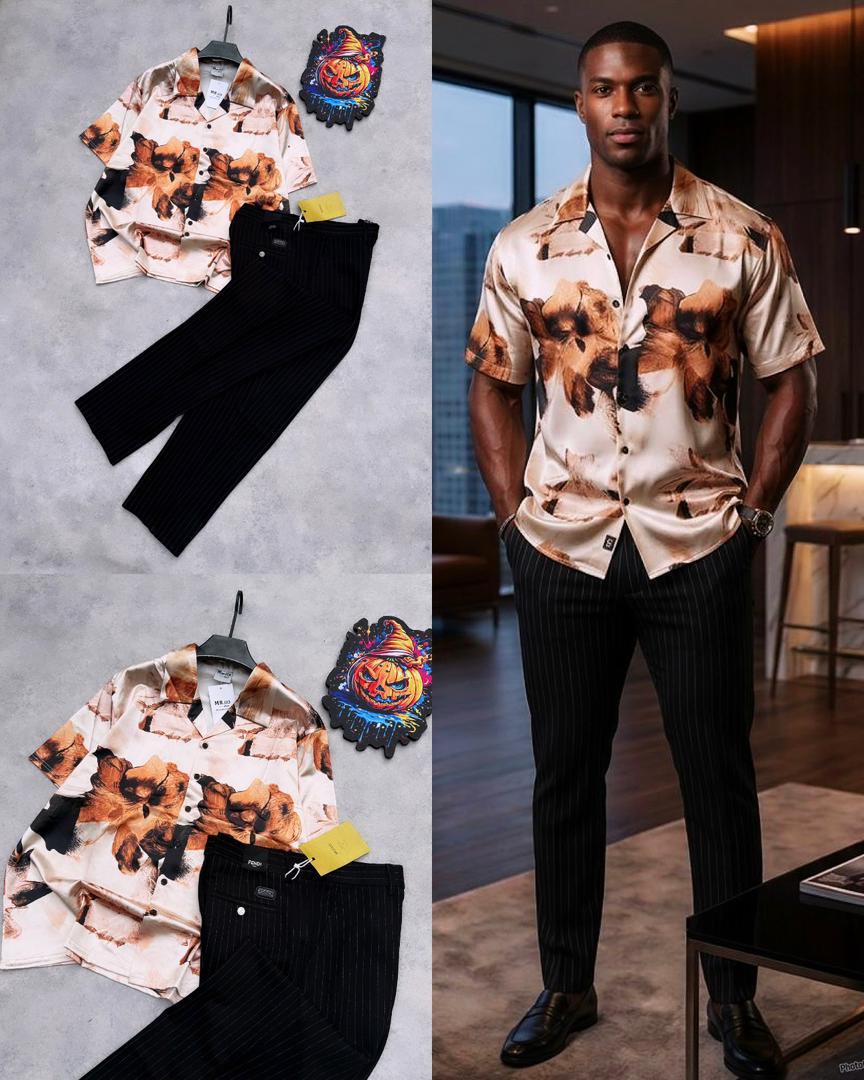 Men’s Fashion 2-Piece Outfit – Statement Print Shirt with Classic Black Pants