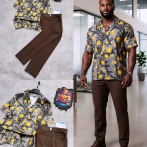 Vintage Print Men’s 2-Piece Set – Breathable Shirt & Sleek Trouser Combo for Everyday Style