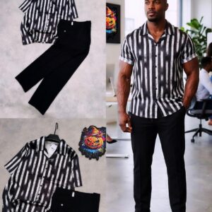 Men’s Stylish Newspaper Print Outfit – Trendy Shirt & Trouser Set for Smart Casual Wear
