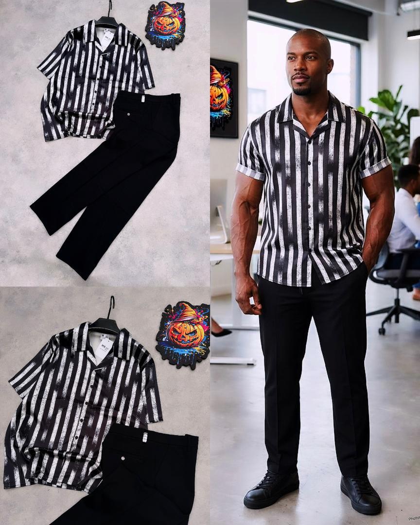 Men’s Stylish Newspaper Print Outfit – Trendy Shirt & Trouser Set for Smart Casual Wear