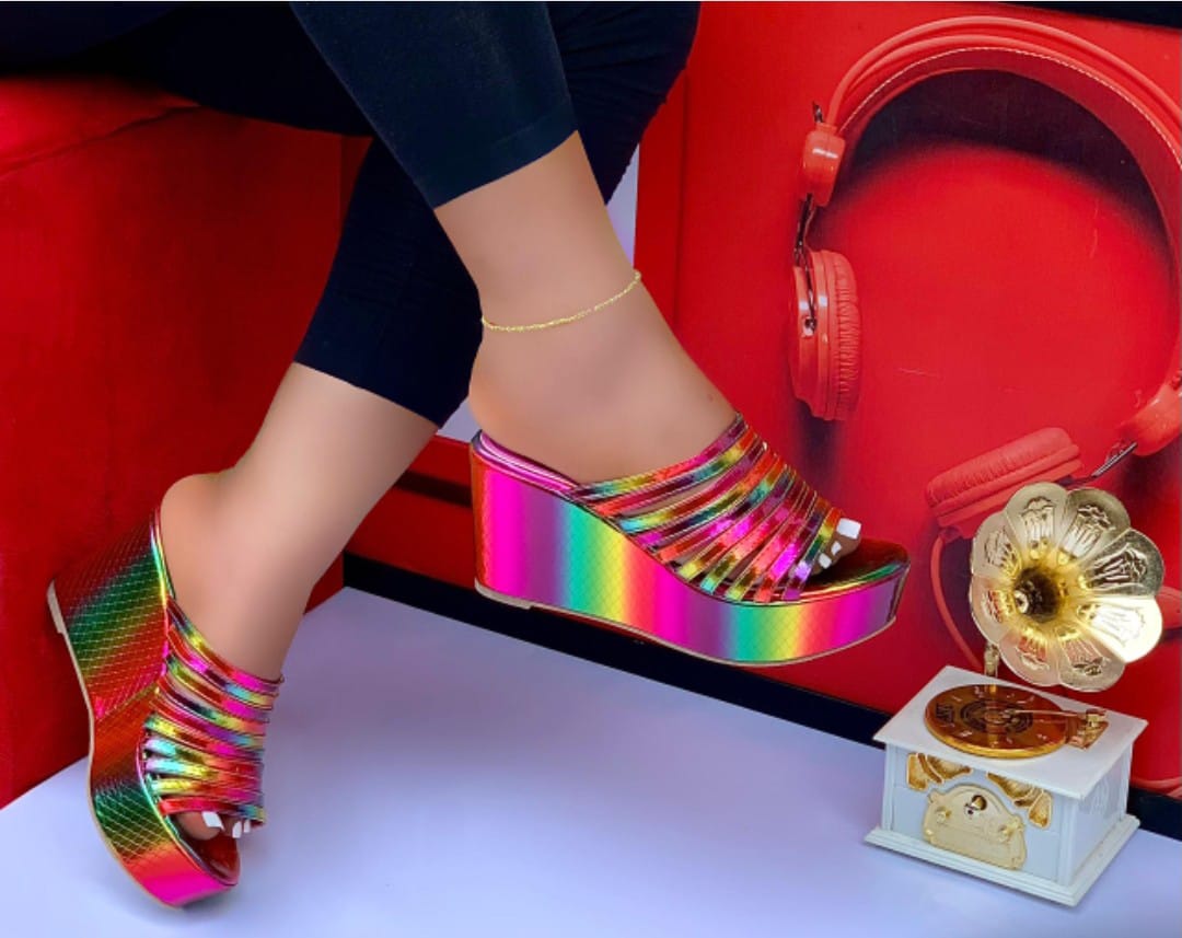 Women's Metallic Multi-Strap Wedge Sandals - Shiny Platform Mules in Gold, Silver, Rainbow, & Black - Image 6