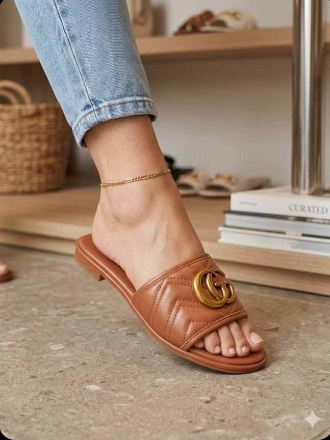 Premium Quilted Women's Flat Sandals - Iconic Double G Leather Mules (Available in Black, Tan, & White) - Image 3