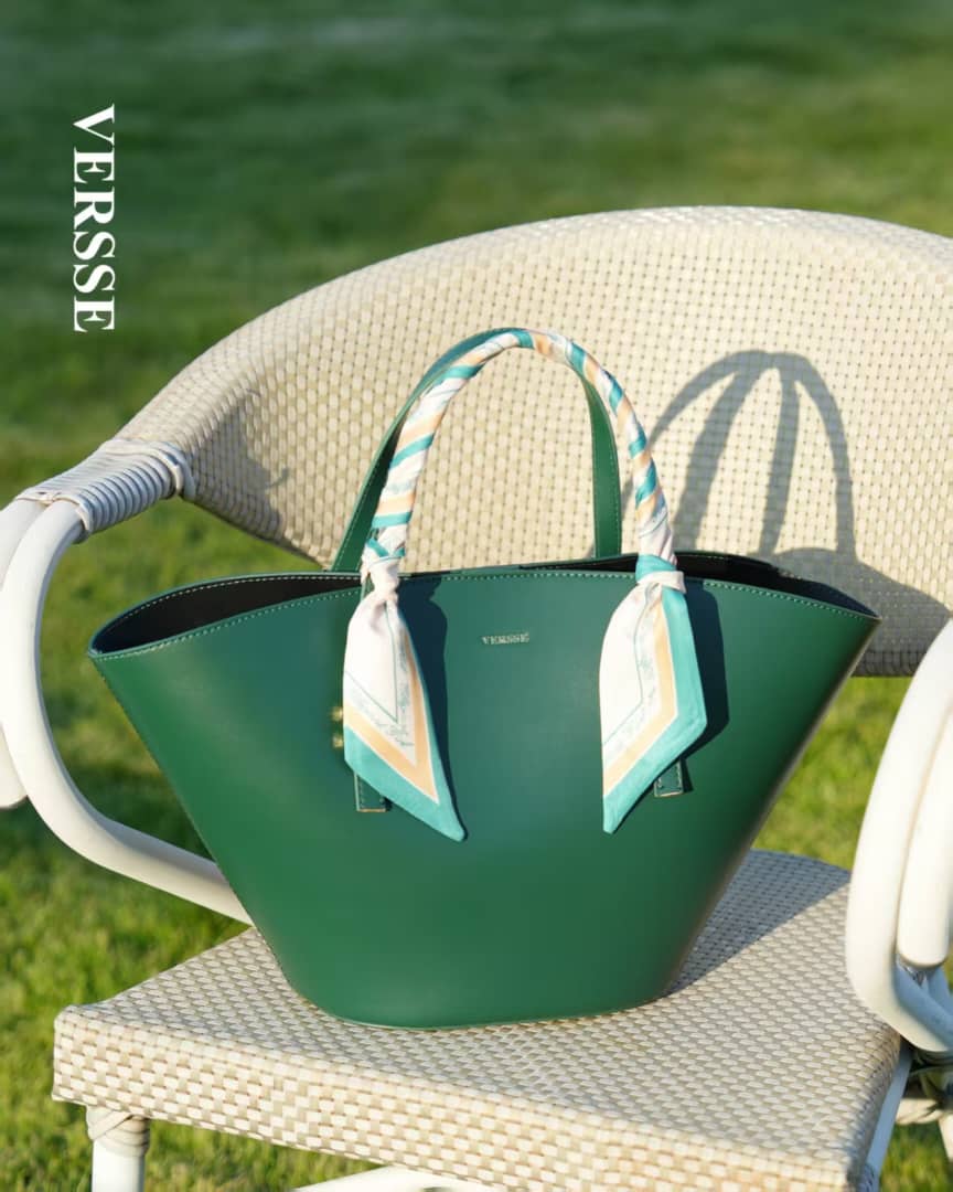 Versse Premium Fan-Shaped Tote Bag with Silk Scarf Handle – Luxury Leather Handbag for Women