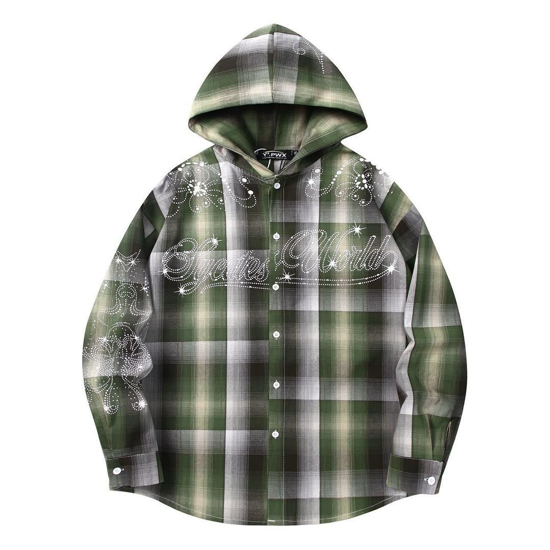 Worldwide Forever Urban Hooded Flannel – Maximalist Plaid Streetwear Shirt with Resistance Graphics - Image 4