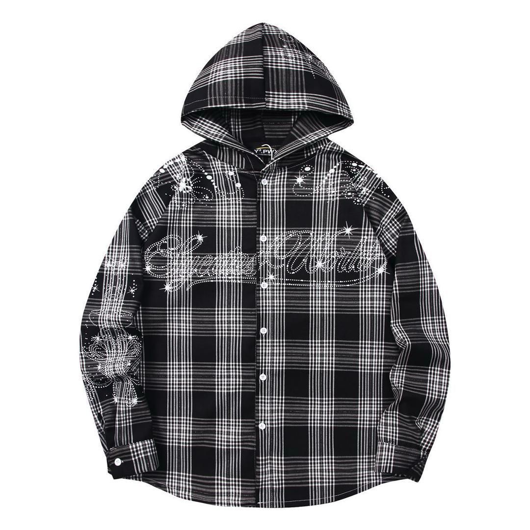 Worldwide Forever Urban Hooded Flannel – Maximalist Plaid Streetwear Shirt with Resistance Graphics