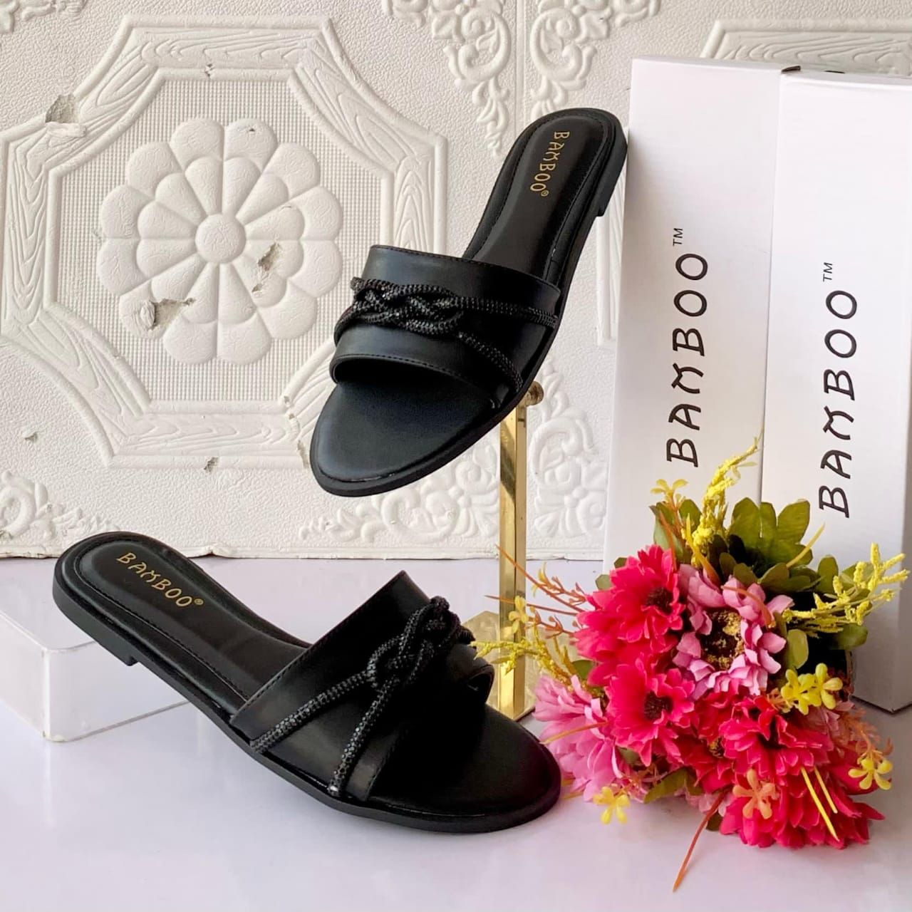 Bamboo™ Women’s Shimmer Knot Flat Slides – Luxury Rhinestone Rope Detail Sandals in Nude, Tan, & Obsidian Black - Image 3