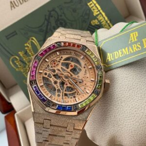 Audemars Piguet Royal Oak Style Skeleton Gold Watch – Rainbow Bezel Edition