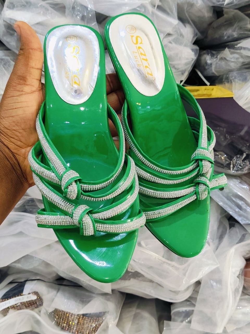 Glow Horizon" Rhinestone Strappy Kitten Heel Mules