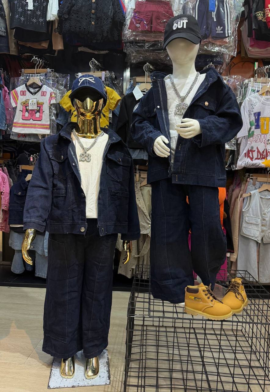 Premium Kids 3-Piece Contrast Stitch Denim Jacket, Wide-Leg Cargo Pants & White Tee Set