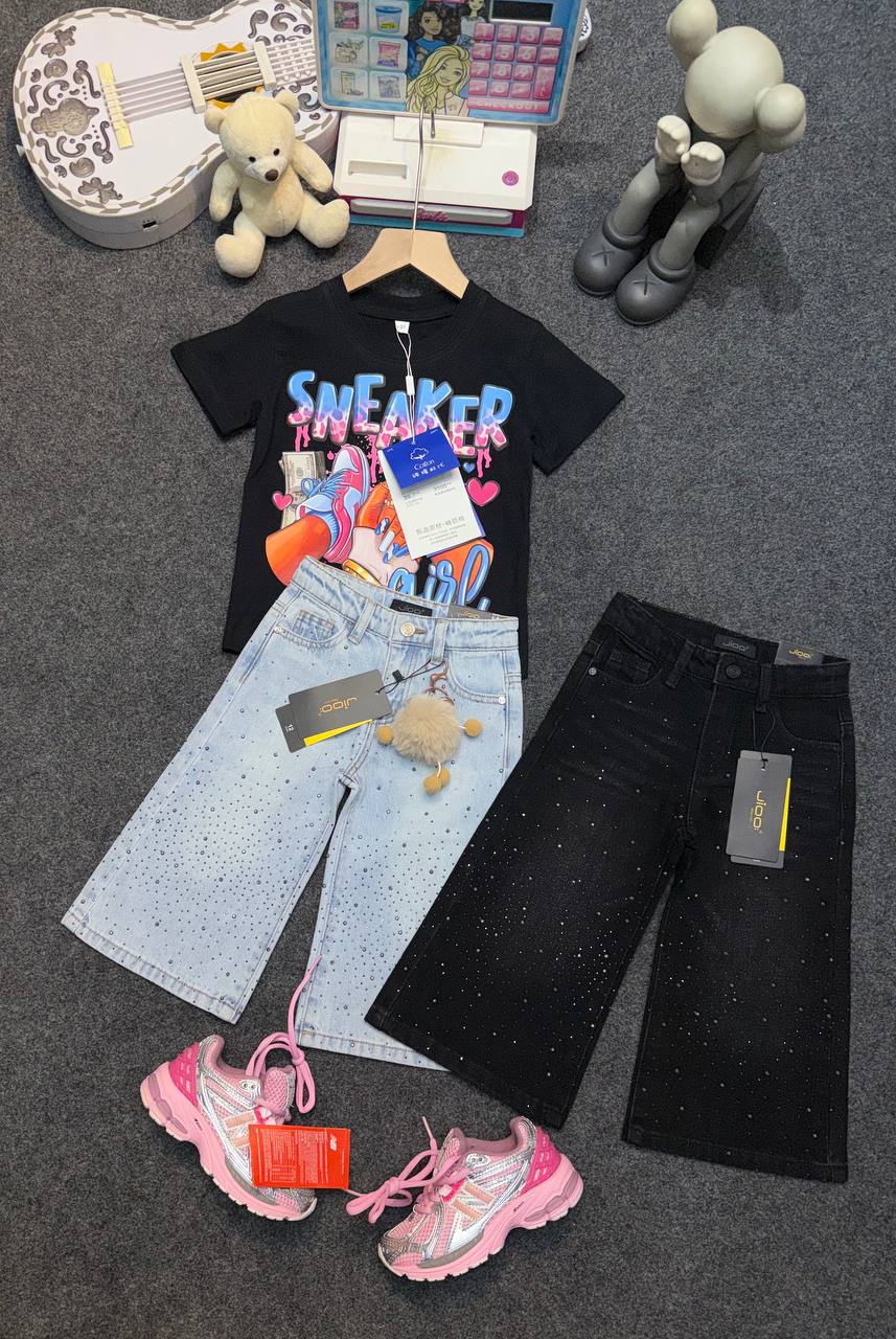 Girls' "Sneaker Girl" Tee and Character Denim Shorts Set