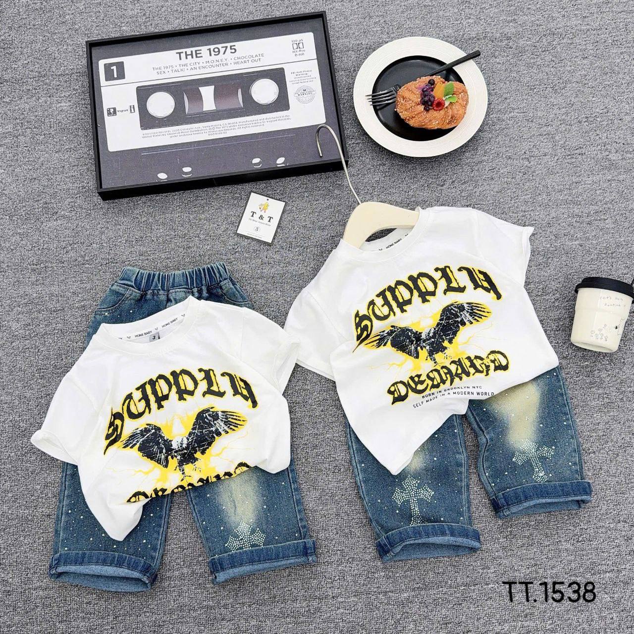 Kids' "Supply & Demand" Eagle Tee and Rhinestone Denim Shorts Set