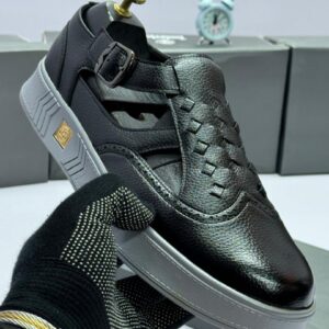 Woven Black Leather Sandals with Buckle Strap