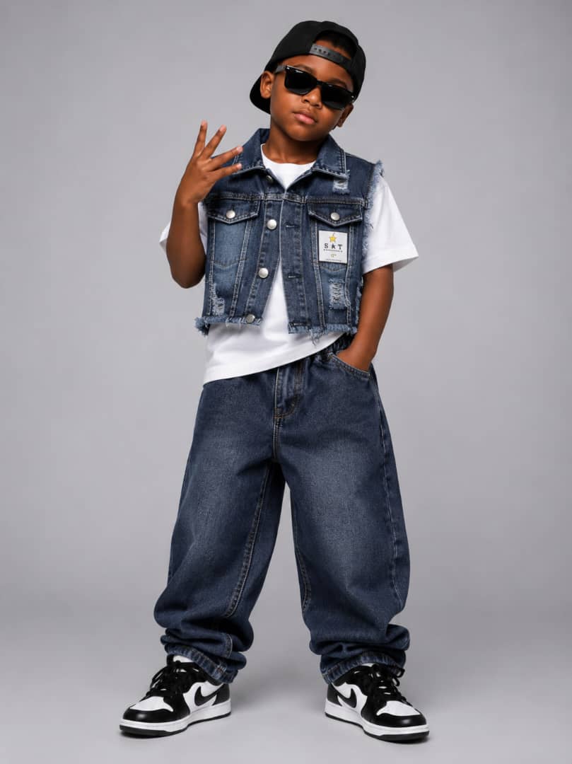 Boys Premium 3-Piece Distressed Denim Vest, Baggy Jeans & White Tee Outfit Set
