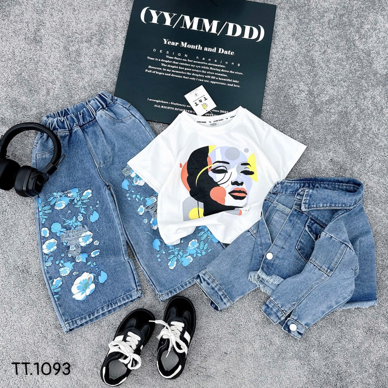Kids Premium 3-Piece Denim Set – Floral Distressed Jacket & Jeans Outfit