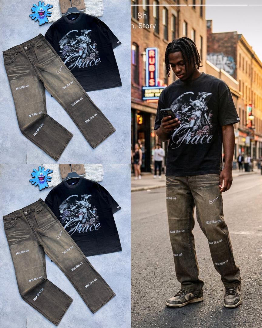 Custom Buckle Accent Denim Crew Pants Set