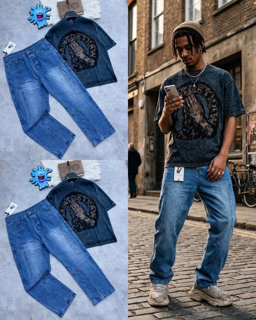 Oversized Boxy Denim Utility Round Neck & Trousers Set