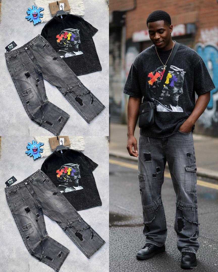 Men's Retro Loose-Fit Denim Cargo Jeans Set